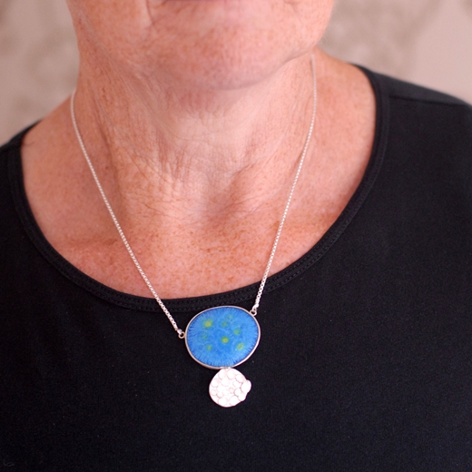 Bloom blue enamel necklace worn