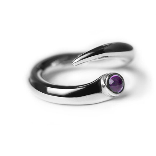 curving silver ring with amethyst