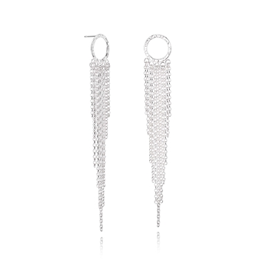 Hoop studs with cascading waterfall chain earrings - polished silver