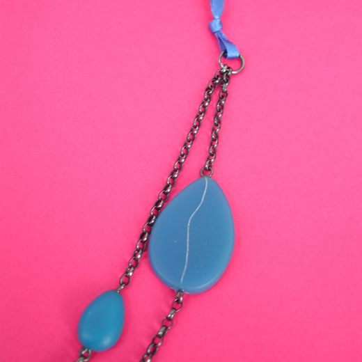 blue petal double chain necklace with ribbon tie detail