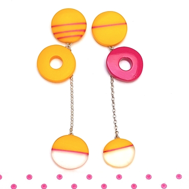 Long drop yellow and cerise mismatch earrings