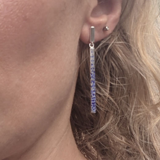 Confetti long blue earrings worn