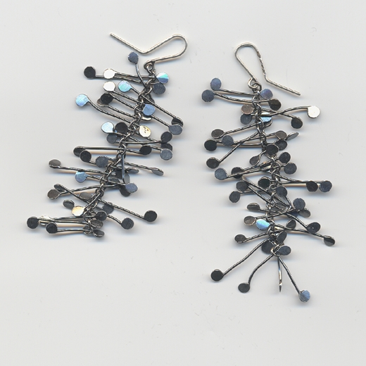 Fiona DeMarco Chaos long dangling wire earrings, oxidised