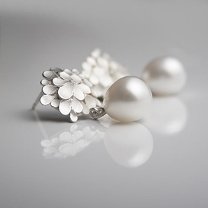 Dahlia Asymmetrical Silver Pearl drop Earrings-1