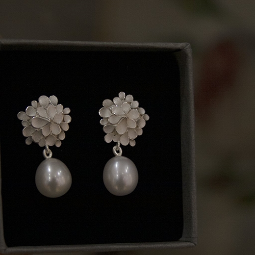 Dahlia Asymmetrical Silver Pearl drop Earrings-3