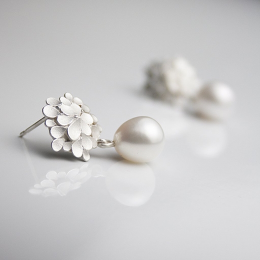 Dahlia Asymmetrical Silver Pearl drop Earrings-2