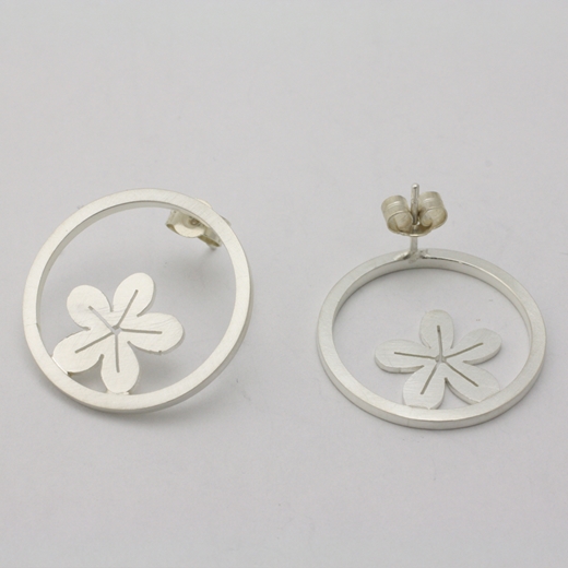 Medium Silver Circle and Flower Earrings