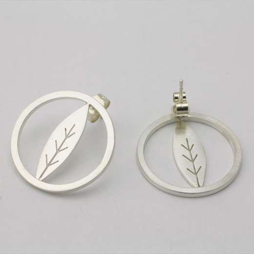 Medium Silver Circle and Leaf Earrings