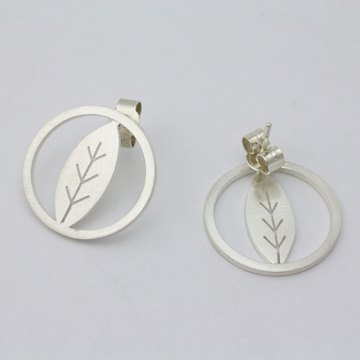 Small Silver Circle and Leaf Earrings