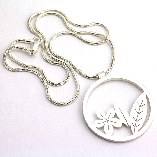 Round Silver Leaf and Flower Pendant
