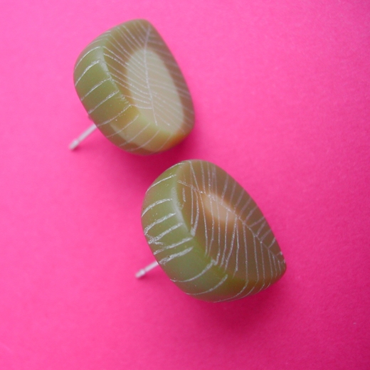 olive and yellow chunky petal earrings, side view