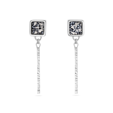 Square Framed Hammered Drop Earrings - Blue and Silver