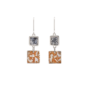 Blue, Tangerine and Silver Square Framed Drop Earrings
