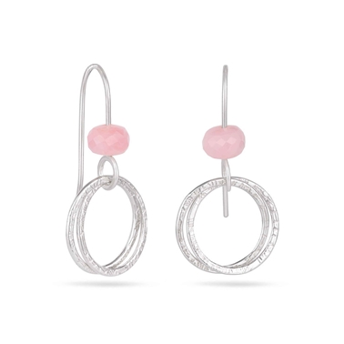 French Knit Textured 2 Interlinking Hoop Cluster Drop Earrings With Faceted Pink Opal Beads
