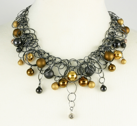 Gold Frost CZ Smaller Bubble Necklace Oxidised on Neck