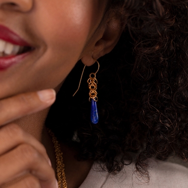 Gold Plated Flutter Hoop Earrings with Lapis Lazuli Beads