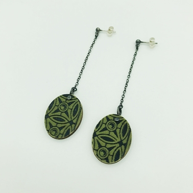 Green and Black Long Drop Earrings Front