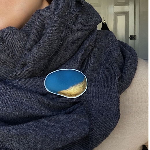 Pebble Brooch – Teal and Gold - worn