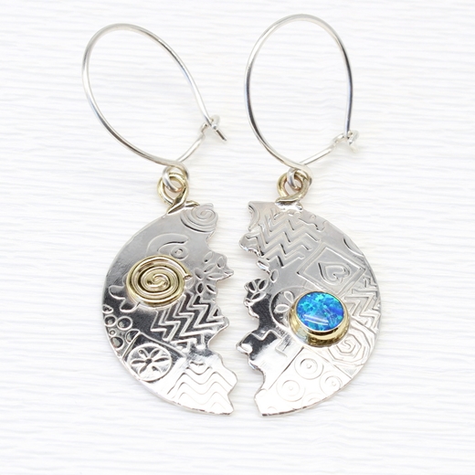 Halved round earrings, blue opal triplet, 3