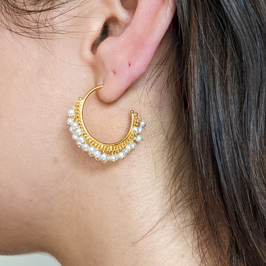 Pearl and gold vermeil hoop earrings - modelled