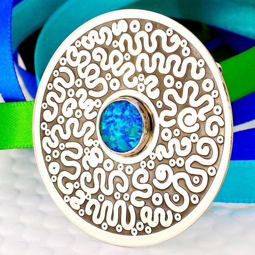 Squiggle pattern brooch, blue opal, 5