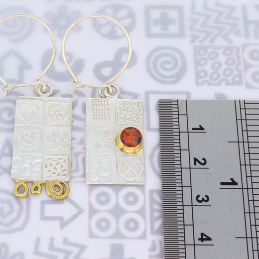 Asymmetrical earrings, red opal, ruler, 8
