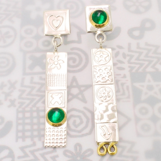 Asymmetrical earrings, stud drops, green spinel, 4