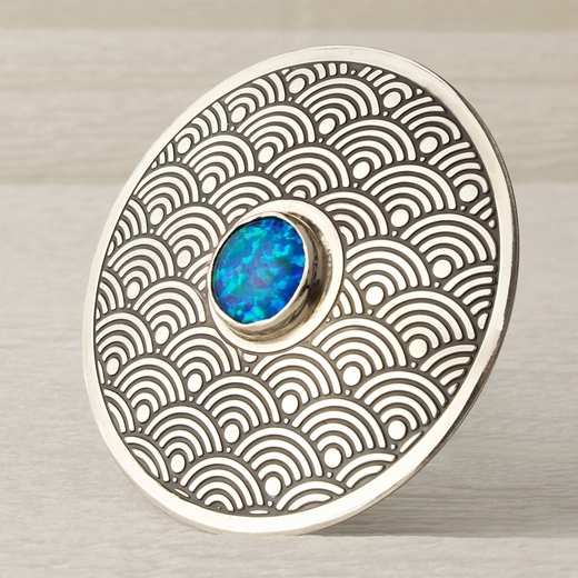 Japanese fan pattern brooch, new design, blue opal, 6