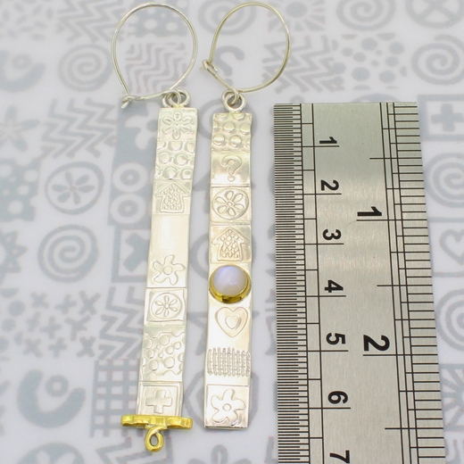 Asymmetrical earrings, extra long, white moonstone, ruler, 6