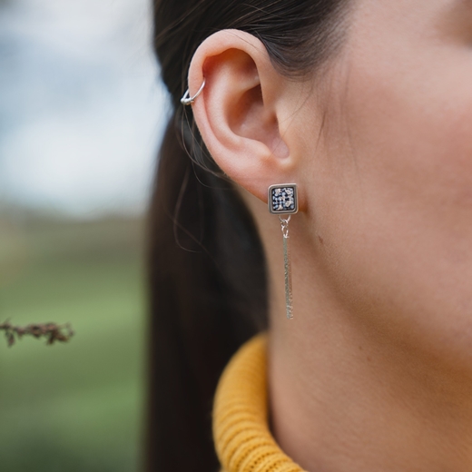 Square Framed Hammered Drop Earrings - Blue and Silver