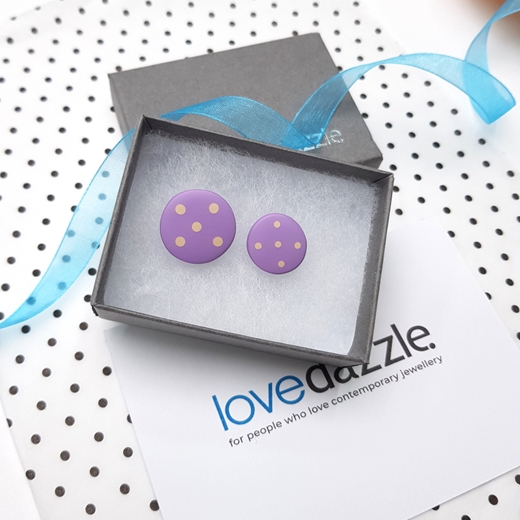 gift wrapped lilac spotty resin studs