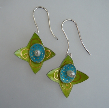 Earrings, Star Hoop ,Light green,turquiose with fine gold scrolls and dots