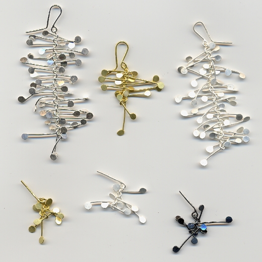 Fiona DeMarco Chaos dangling wire earrings, gold satin