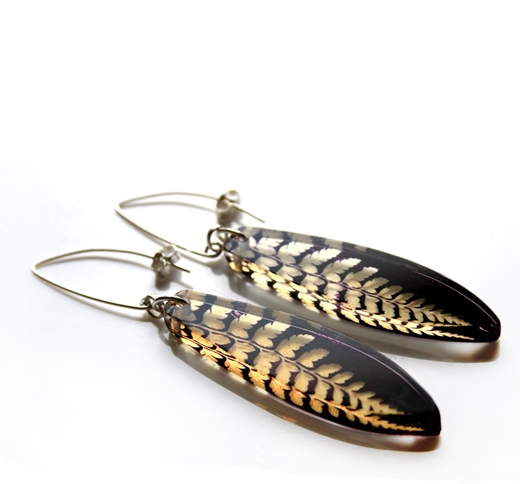 purple gold fern earrings