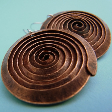 Large flat copper spiral earrings
