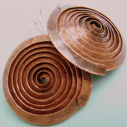 Large flat copper spiral earrings