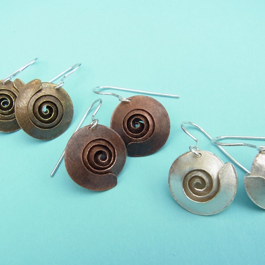 Small spirals- ox. brass, copper and silver