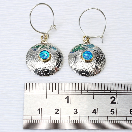 Round earrings, large, blue opal, ruler,7