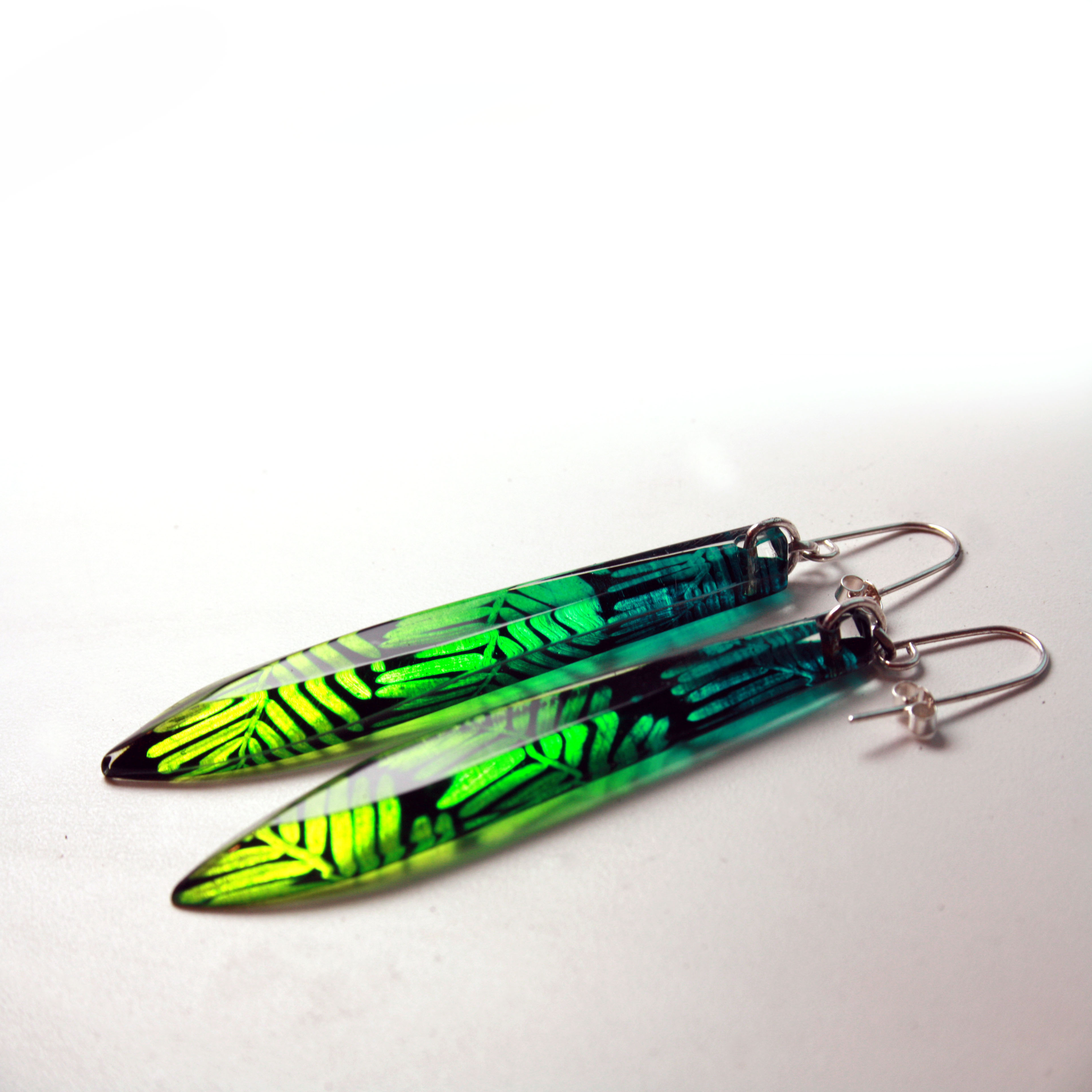 Green dip-dye long drop earrings