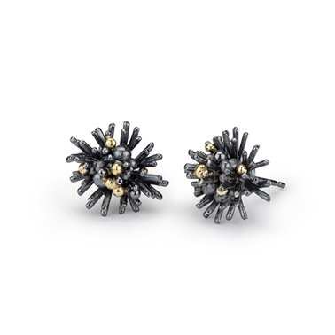 Sea Urchin Earrings - Oxidised silver and 18ct yellow gold