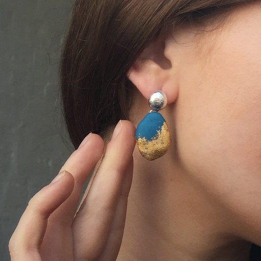 Pebble Drop Earrings – Teal and Gold - worn