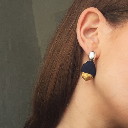 Pebble Drop Earrings – Dark Blue and Gold - worn