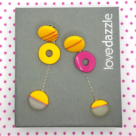 gift wrapped long yellow mismatch resin earrings