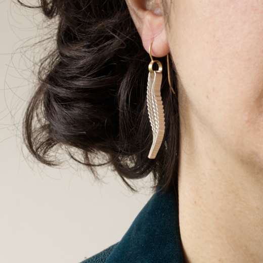 Strata Earrings-Silver and Gold-plated hook by Clara Breen - model view