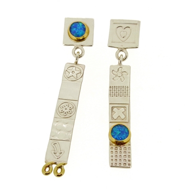 Asymmetrical stud drop earrings, blue opal, 1