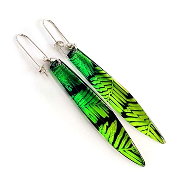 Green dip-dye Conifer leaf Recycled Plastic long drop earrings