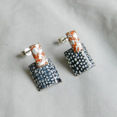Tangerine, Silver and Blue Rectangle Stud Drop Earrings