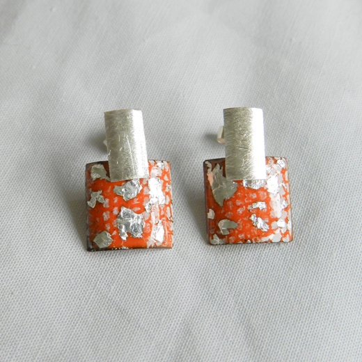 Brushed Tangerine and Silver Rectangle Stud Drops