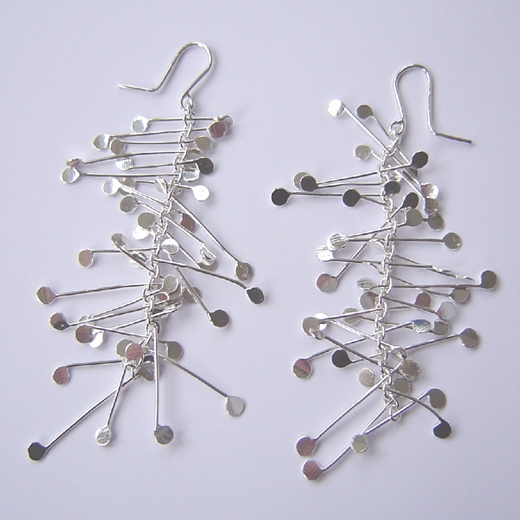 Fiona DeMarco Chaos long dangling wire earrings, polished