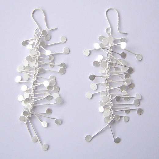 Fiona DeMarco Chaos long dangling wire earrings, satin